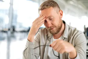 Man experiencing a stress headache in need of proper treatment.