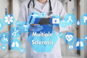 A neurologist with a tablet and the words multiple sclerosis written in a medical network connection on the virtual screen on a hospital background.